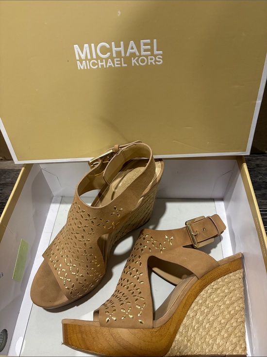 Michael Kors Shoes - Michael Kors Camel/Tan Woven Wedge Sandals with Gold Detailing